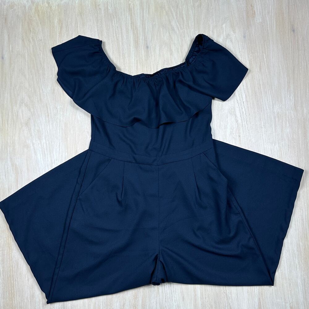 Banana Republic Navy Blue Off Shoulder Wide Leg Jumpsuit 12 Ruffle Overlay